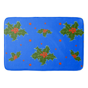 Holly (Ilex) Christmas Motif on Blue Background Bath Mat