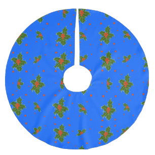 Holly (Ilex) Christmas Motif on Blue Background  Brushed Polyester Tree Skirt