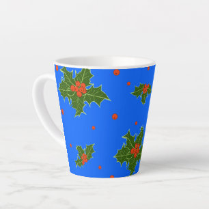 Holly (Ilex) Christmas Motif on Blue Background Latte Mug