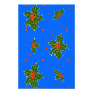 Holly (Ilex) Christmas Motif on Blue Background Photo Print