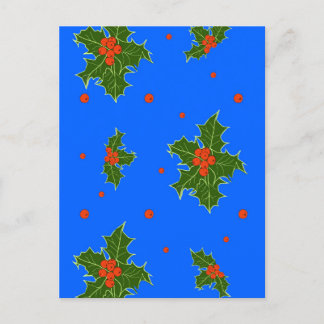 Holly (Ilex) Christmas Motif on Blue Background   Postcard