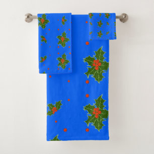 Holly (Ilex) Christmas Motif on Festive Blue Bath Towel Set