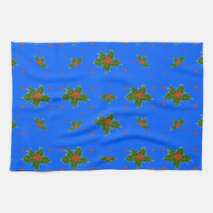 Holly (Ilex) Christmas Motif on Festive Blue Tea Towel