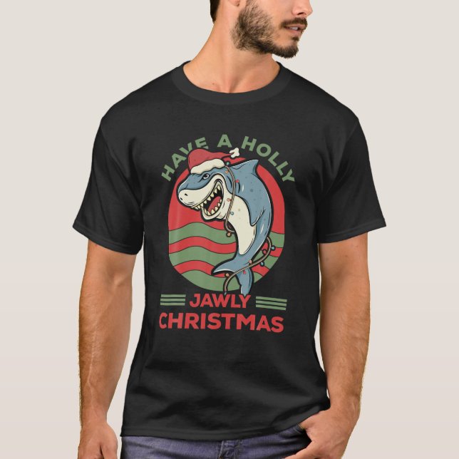 Holly Jawly Christmas Santa Hat Shark Retro Sunset T-Shirt (Front)