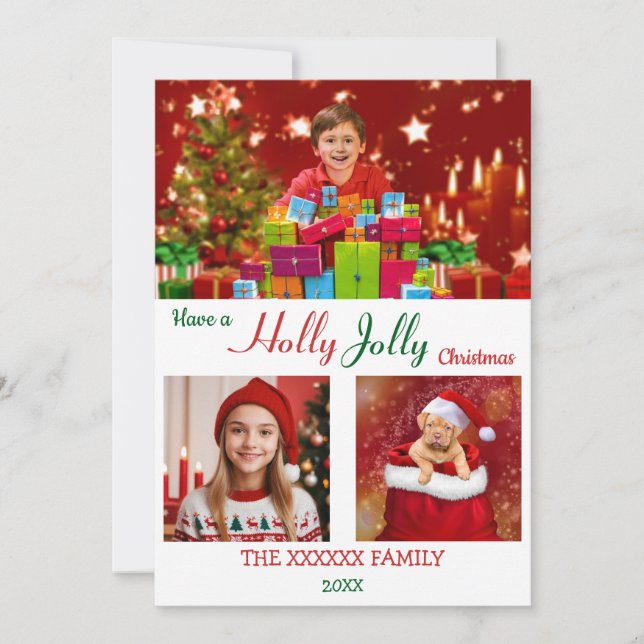 Holly Jolly 3 Photo Christmas Chic Gold Confetti   Holiday Card (Front)
