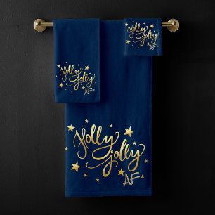 Holly Jolly AF Decor   Navy Blue and Gold Script Bath Towel Set