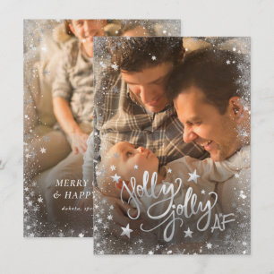 Holly Jolly AF   Shiny Gold Faux Foil 2 Photo Holiday Card