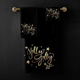 Holly Jolly AF Shiny Gold Faux Foil Script Bath Towel Set