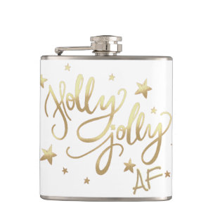 Holly Jolly AF Shiny Gold Faux Foil Script Hip Flask