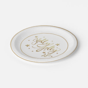 Holly Jolly AF Shiny Gold Faux Foil Script Paper Plate