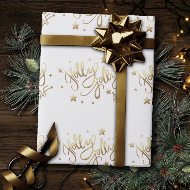 Holly Jolly AF | Shiny Gold Faux Foil Script Wrapping Paper (Creator Uploaded)