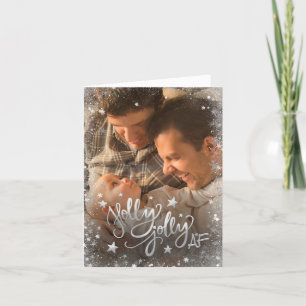 Holly Jolly AF   Shiny Silver Faux Foil Photo Holiday Card