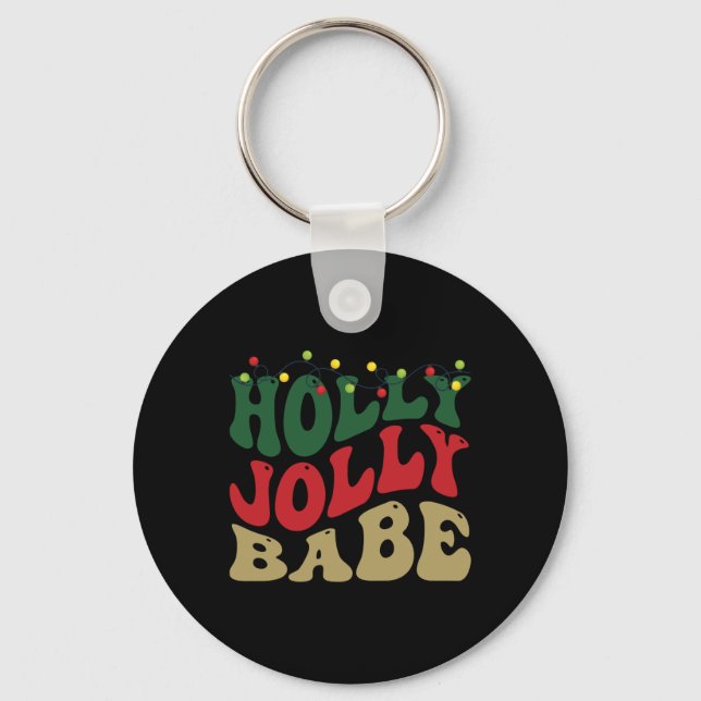 Holly Jolly Babe Retro Groovy Christmas Black T Sh Key Ring (Front)