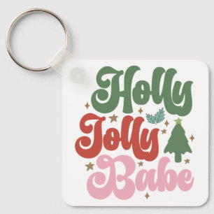 Holly Jolly Babe Retro Groovy Christmas Holidays Key Ring