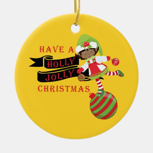 Holly Jolly Black African American Christmas Elf Ceramic Tree Decoration (Front)