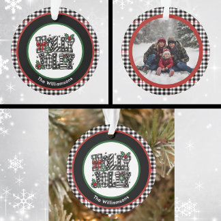 Holly Jolly Black Red Plaid Family Photo Modern Ornament