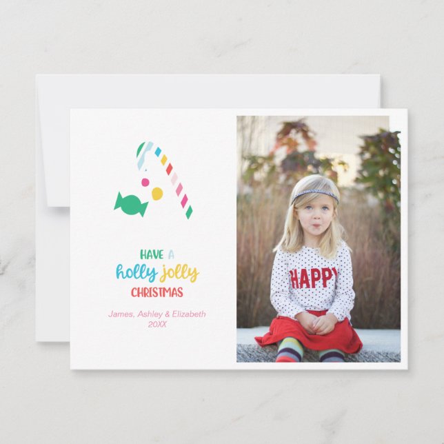 Holly Jolly Bright Candy Cane Christmas Photo Holiday Card (Front)