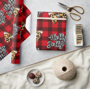 Holly Jolly Buffalo Plaid Christmas & Leopard Bows Wrapping Paper