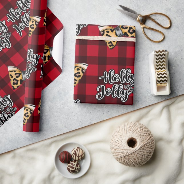 Holly Jolly Buffalo Plaid Christmas & Leopard Bows Wrapping Paper (Crafts)