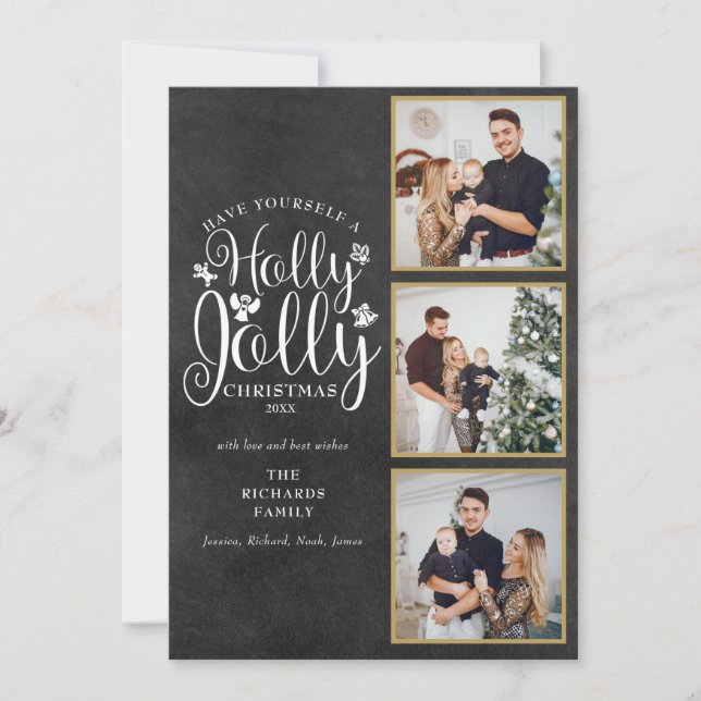 Holly Jolly Chalkboard 3 Photo Collage Holiday Card (Front)
