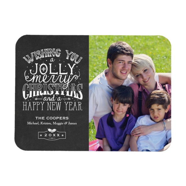Holly Jolly Chalkboard Typography Christmas Photo Magnet (Horizontal)