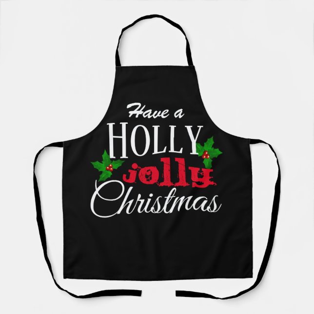Holly Jolly Christmas Black Red White Festive Apron (Front)