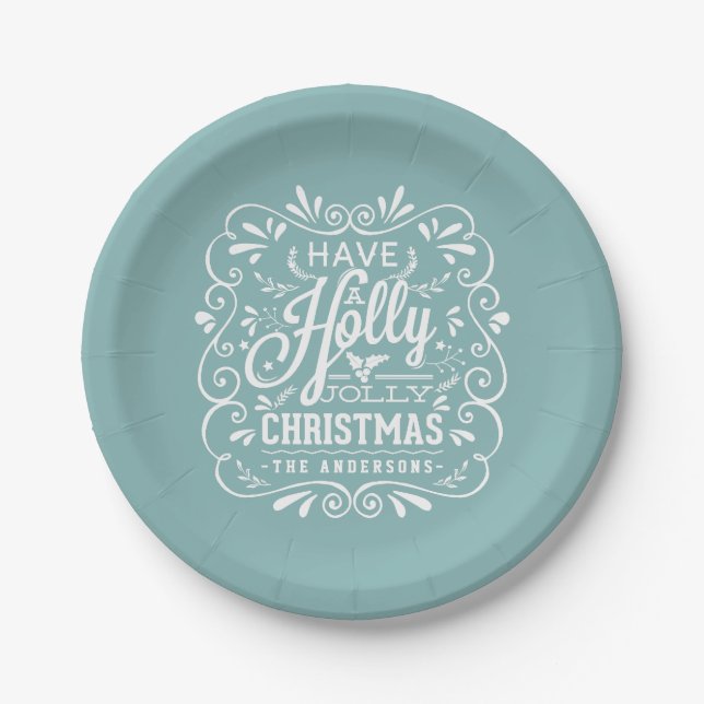 Holly Jolly Christmas Chalk Art Holiday Blue Party Paper Plate (Front)