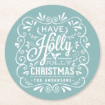 Holly Jolly Christmas Chalk Art Holiday Party Blue Round Paper Coaster<br><div class="desc">Have A Holly Jolly Christmas custom holiday party paper coasters. Festive and folksy curly chalk-art style Christmas Holiday design. Whimsical chalkboard style swirly frame with white chalk-art typography on cheerful winter blue background and trendy retro mix of hand-lettered styles, decorated with frosty foliage and holly berries. Add your own personalised...</div>