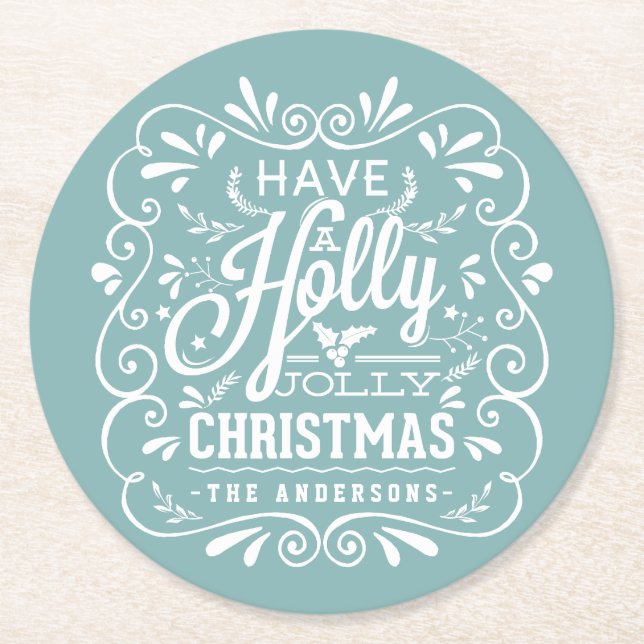 Holly Jolly Christmas Chalk Art Holiday Party Blue Round Paper Coaster (Front)