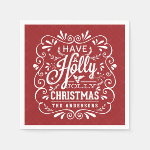 Holly Jolly Christmas Chalk Art Red Paper Napkins