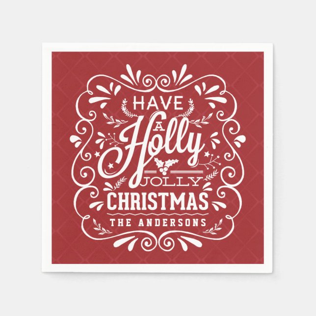Holly Jolly Christmas Chalk Art Red Paper Napkins (Front)