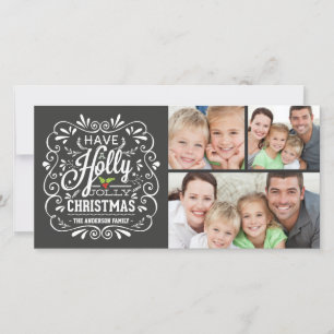 Holly Jolly Christmas Chalkboard 3-Photo Collage Holiday Card
