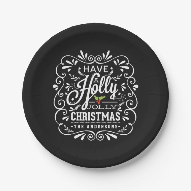 Holly Jolly Christmas Chalkboard Holiday Party Paper Plate (Front)