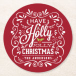 Holly Jolly Christmas Chalkboard Holiday Party Red Round Paper Coaster<br><div class="desc">Have A Holly Jolly Christmas custom holiday party paper coasters. Festive and folksy curly chalk-art style Christmas Holiday design. Whimsical chalkboard style swirly frame with white chalk-art typography on cheerful red background and trendy retro mix of hand-lettered styles, decorated with frosty foliage and holly berries. Add your own personalised greeting...</div>