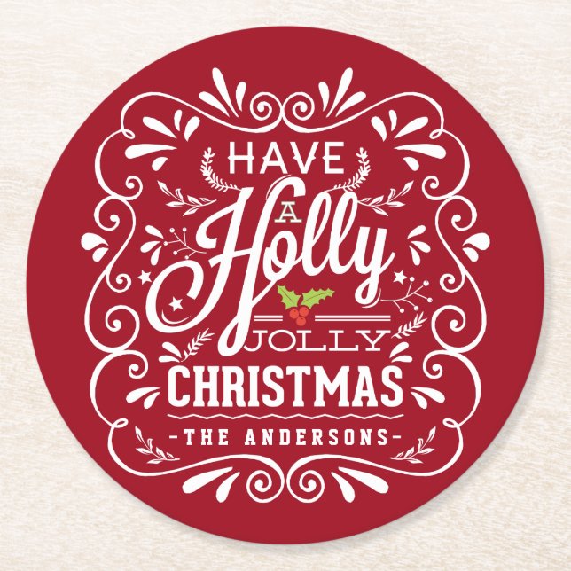 Holly Jolly Christmas Chalkboard Holiday Party Red Round Paper Coaster (Front)