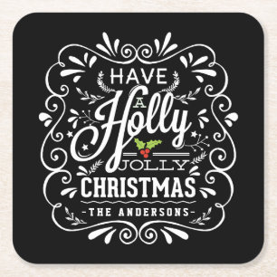 Holly Jolly Christmas Chalkboard Holiday Party Square Paper Coaster