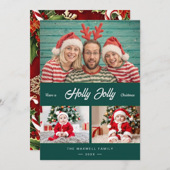 Holly Jolly Christmas Chic Gold Confetti 3 Photo Holiday Card (Front/Back)