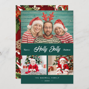 Holly Jolly Christmas Chic Gold Confetti 3 Photo Holiday Card