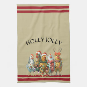 Holly Jolly - Christmas Chickens With Santa Hats Tea Towel