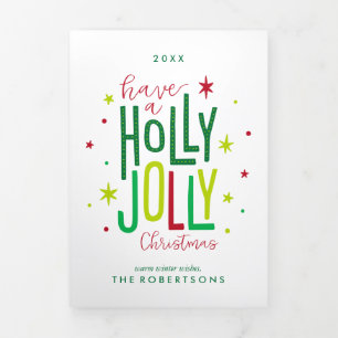 Holly Jolly Christmas Family Photo Tri-Fold Holiday Card