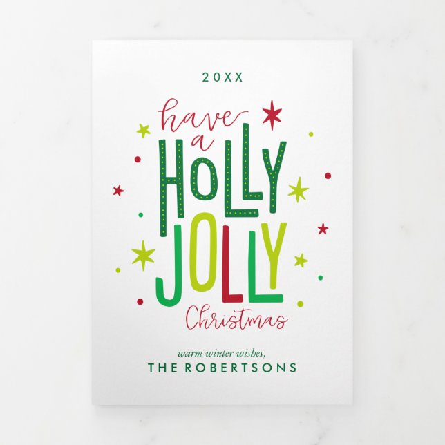 Holly Jolly Christmas Family Photo Tri-Fold Holiday Card (Cover)