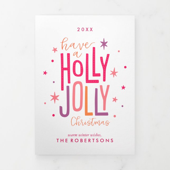 Holly Jolly Christmas Family Photo Tri-Fold Holiday Card (Cover)