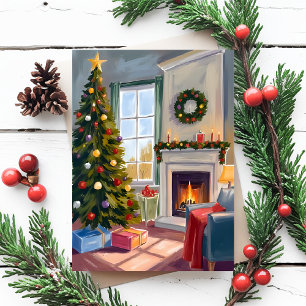 Holly Jolly Christmas Fireplace Tree Merry Holiday Postcard