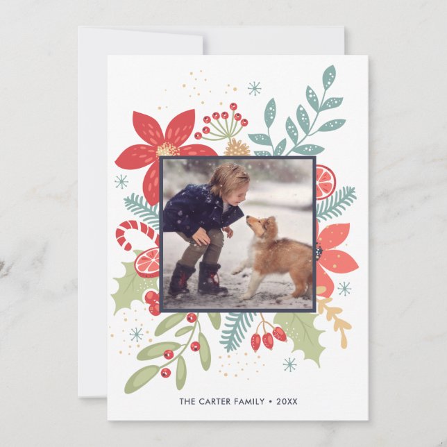 Holly Jolly Christmas Floral | Photo Holiday Card (Front)