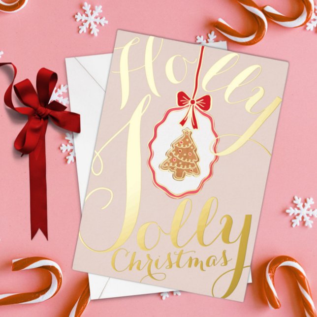 Holly Jolly Christmas Foil Holiday Card Soft Pink (Creator Uploaded)