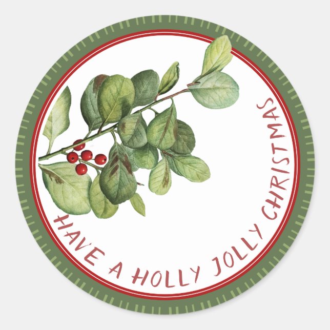 Holly Jolly Christmas French holly with berries Classic Round Sticker (Front)
