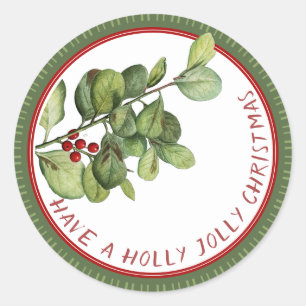 Holly Jolly Christmas French holly with berries Classic Round Sticker