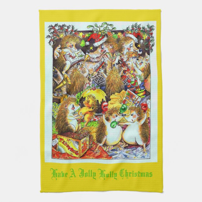 Holly Jolly Christmas Hedgehogs Tea Towel (Vertical)