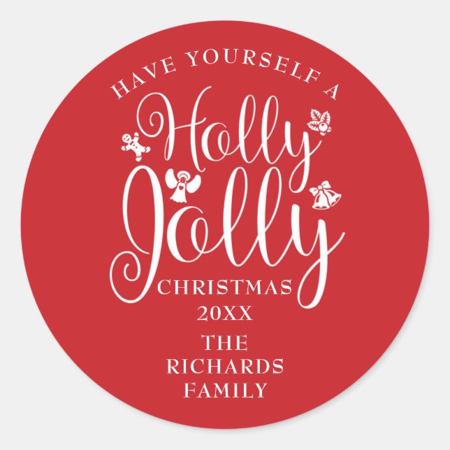 Holly Jolly Christmas Holidays Family Name Classic Round Sticker (Front)