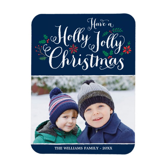 Holly Jolly Christmas Navy Blue Holiday Photo Magnet (Vertical)